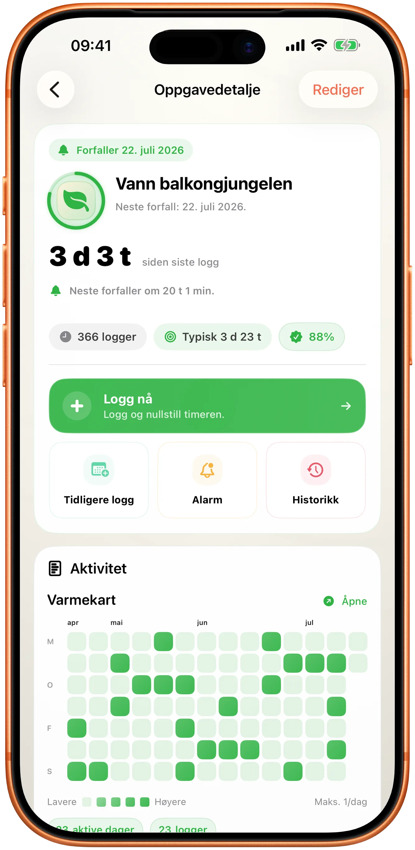 Detaljvisning av en hendelse i Takt med én enkelt Loggfør nå-knapp