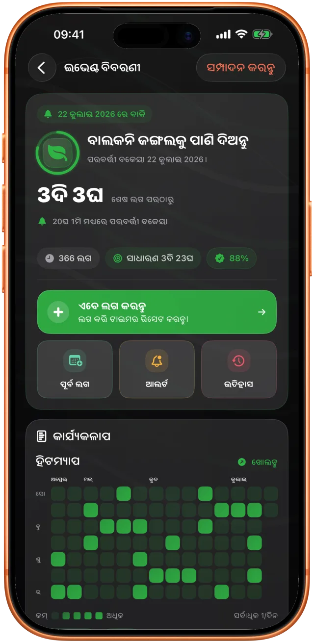 ବାରଣ୍ଡାର ଗଛକୁ ଶେଷ ଥର ପାଣି ଦେଇ 3 ଦିନ 9 ଘଣ୍ଟା ହୋଇଗଲାଣି ବୋଲି ପରବର୍ତ୍ତୀ ତାରିଖ ସହିତ Takt ଦେଖାଉଛି
