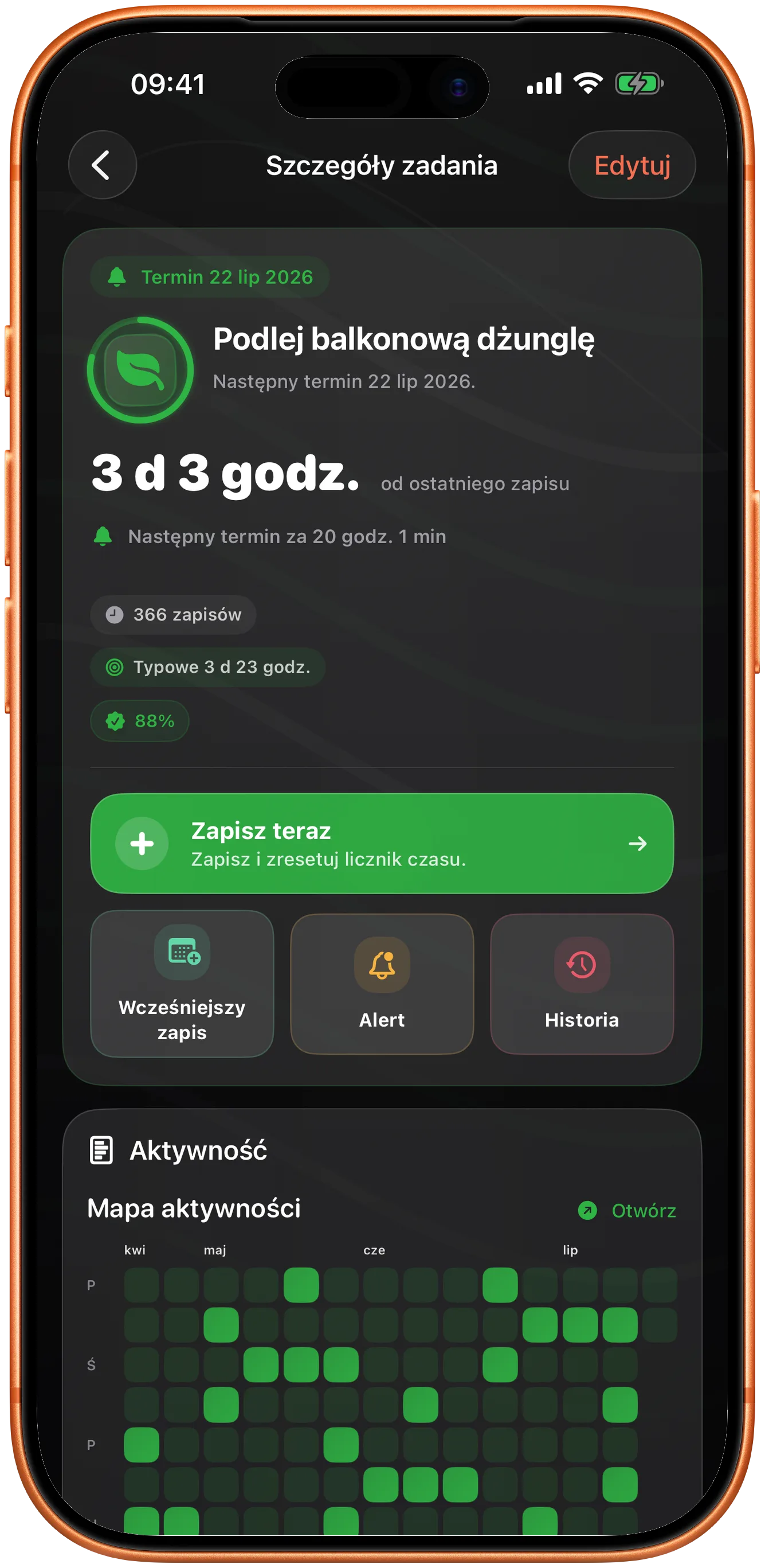Szczegóły zdarzenia w Takcie w trybie ciemnym z tym, co wypada dalej