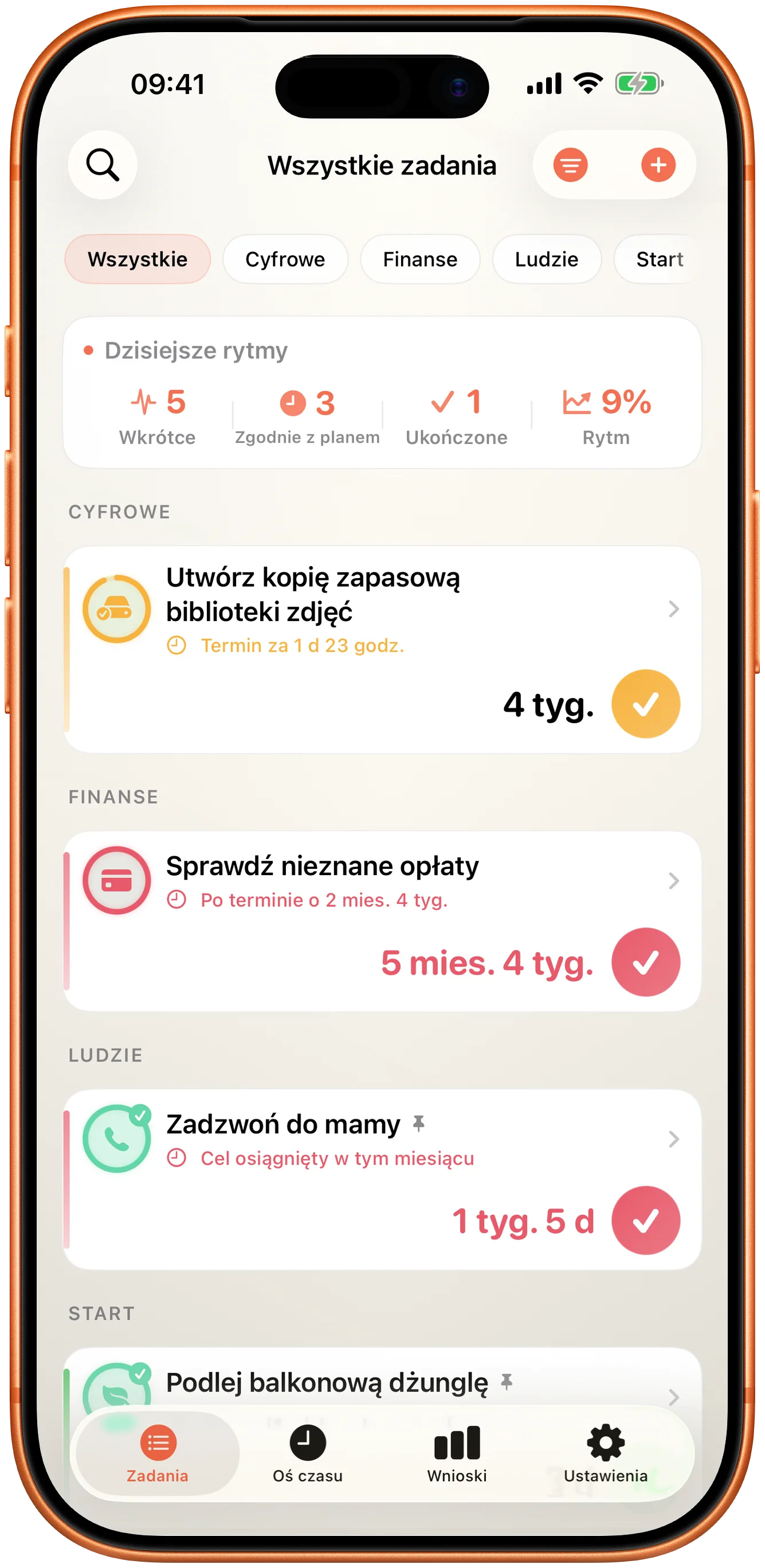 Lista zdarzeń Taktu z czasem od ostatniego razu przy każdym