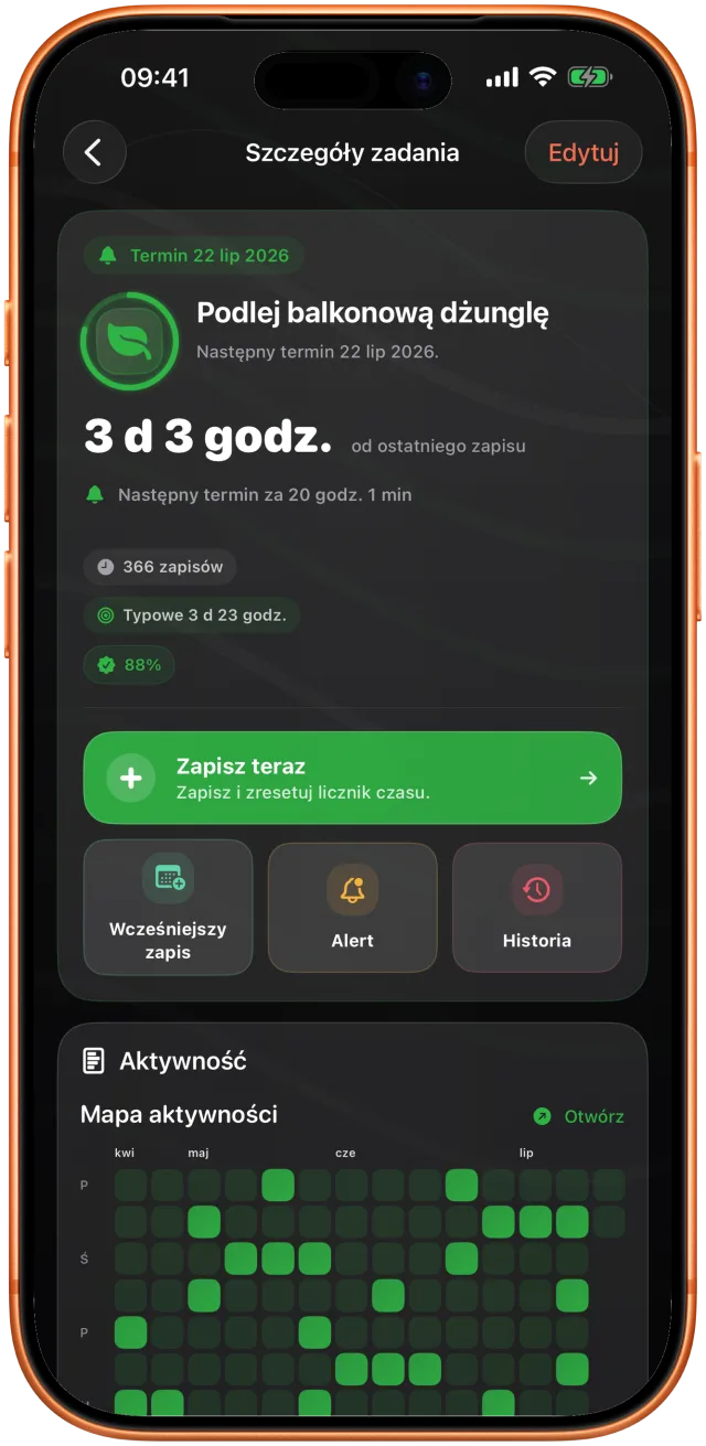 Takt pokazuje 3 dni 9 godzin od ostatniego podlania roślin na balkonie i następny termin