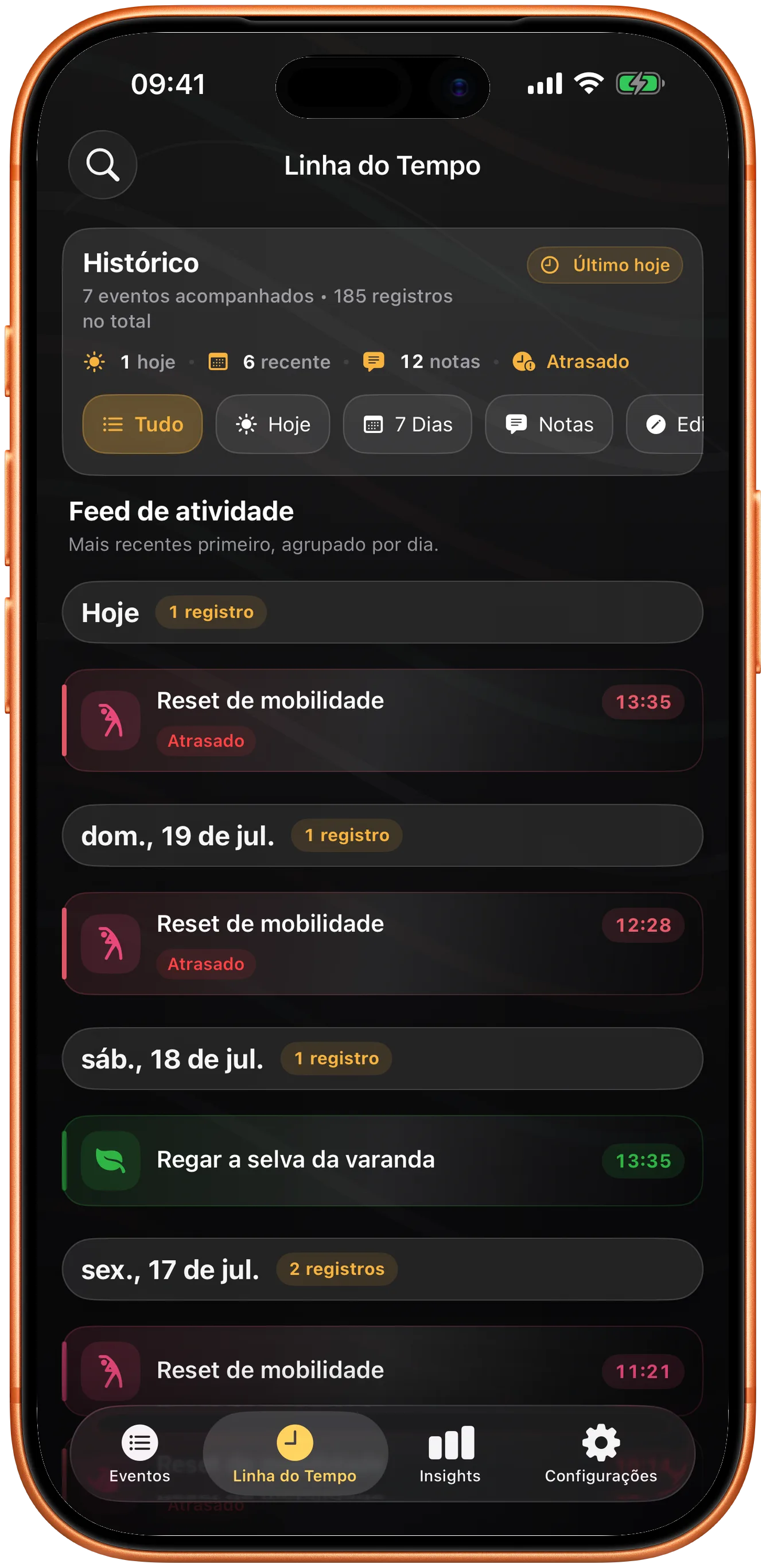 Linha do tempo do Takt com histórico pesquisável de registros anteriores