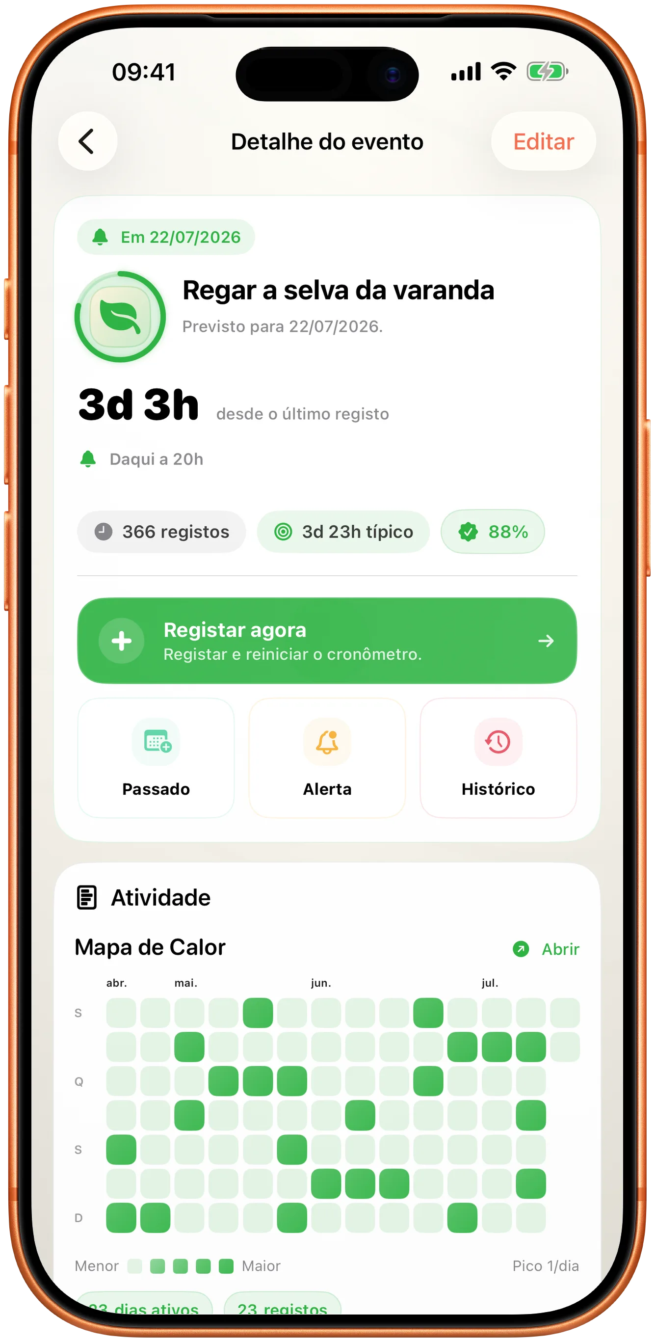 Detalhe de um evento no Takt com um único botão Registar agora