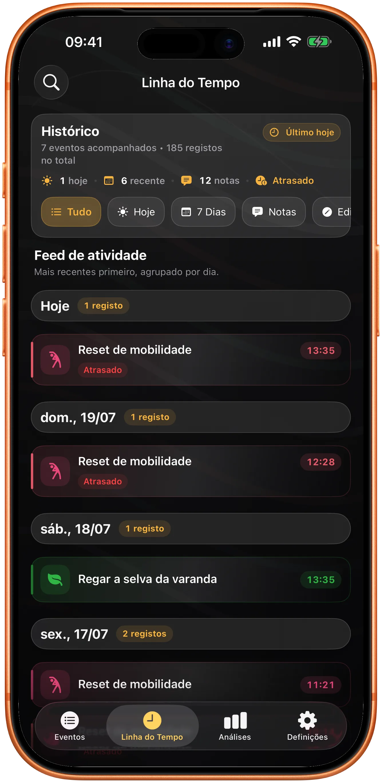 Cronologia do Takt com um histórico pesquisável de entradas anteriores