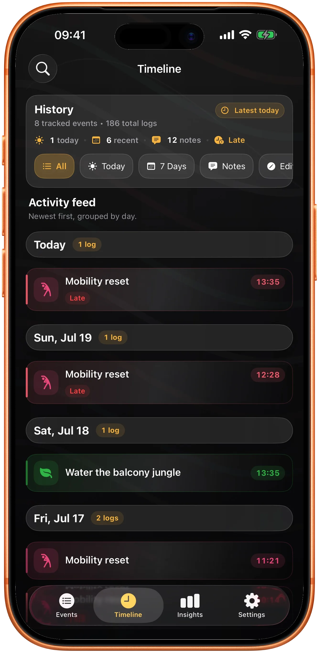 Takt timeline with a searchable history of past entries