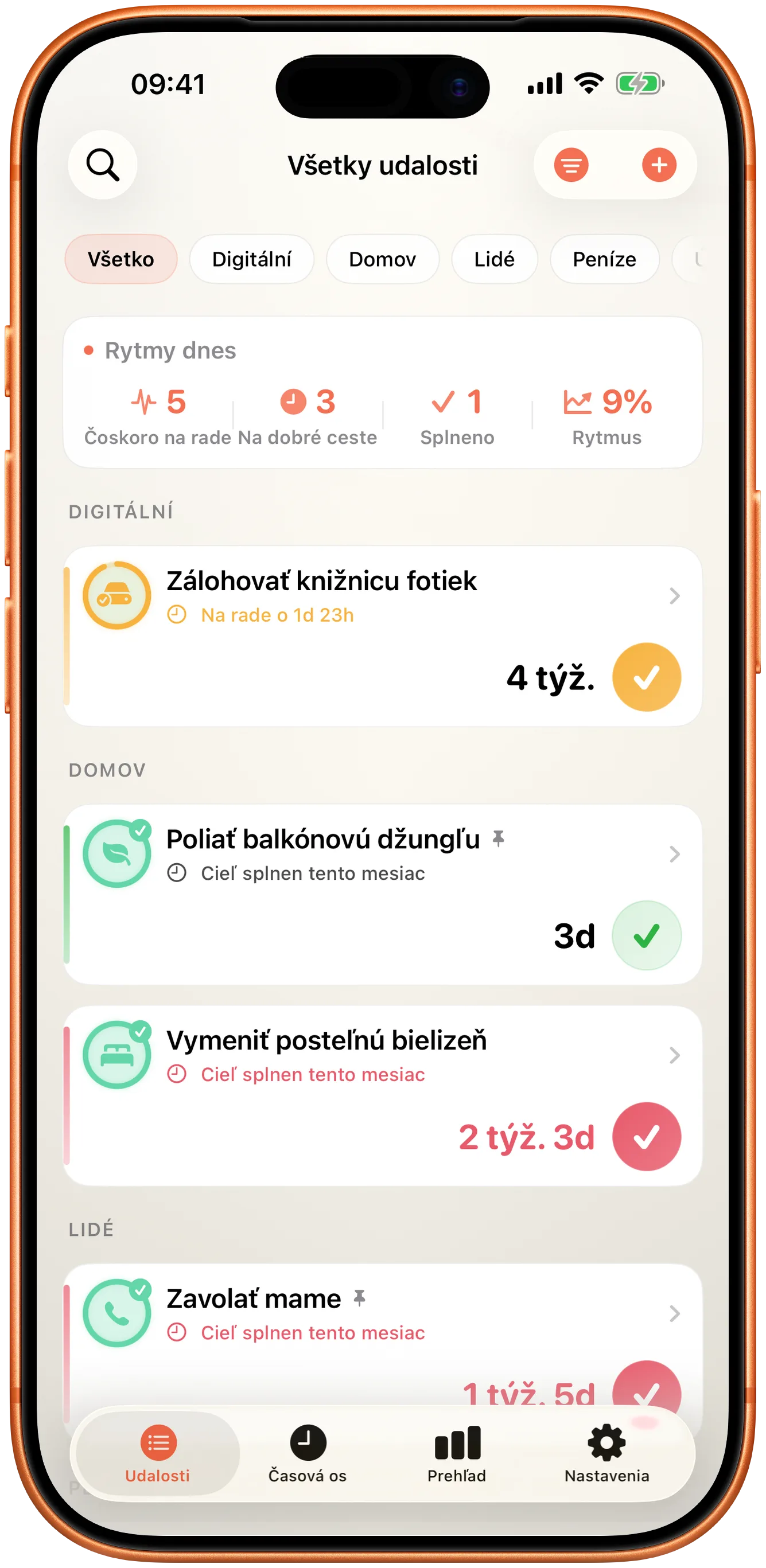 Zoznam udalostí Taktu s časom od poslednej udalosti pri každej položke