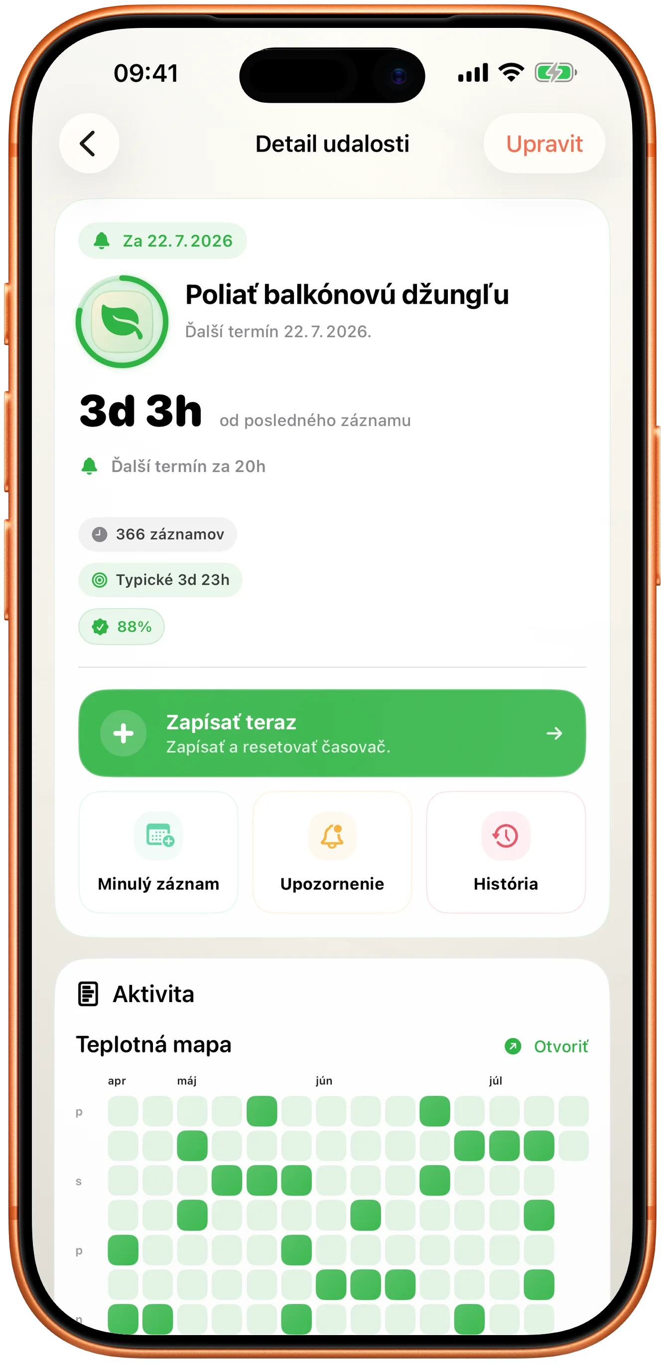 Detail udalosti v Takte s jediným tlačidlom Zaznamenať