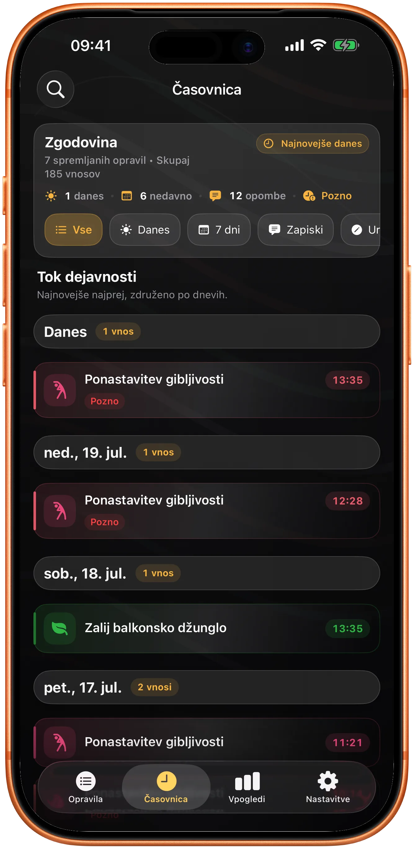 Časovnica Takt z zgodovino prejšnjih vnosov in iskanjem