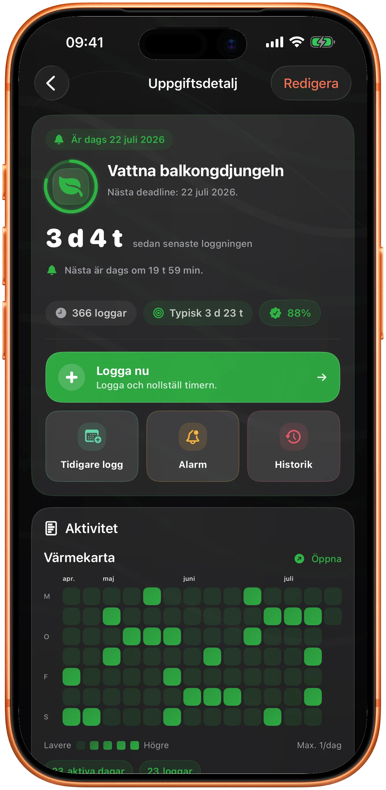 Detaljvy för en händelse i Takt i mörkt läge som visar vad som kommer härnäst
