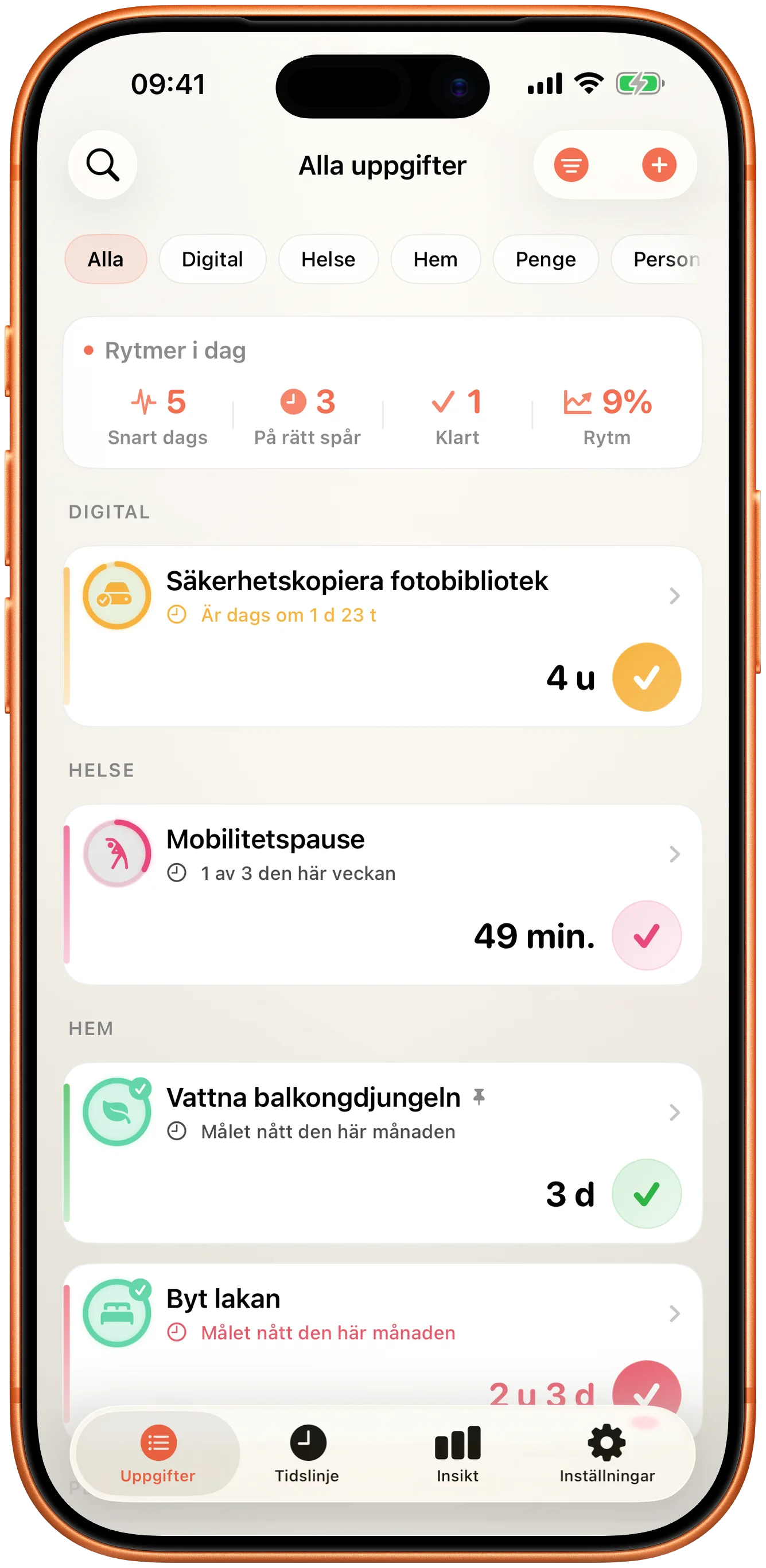 Takts händelselista med tiden sedan senast för varje post