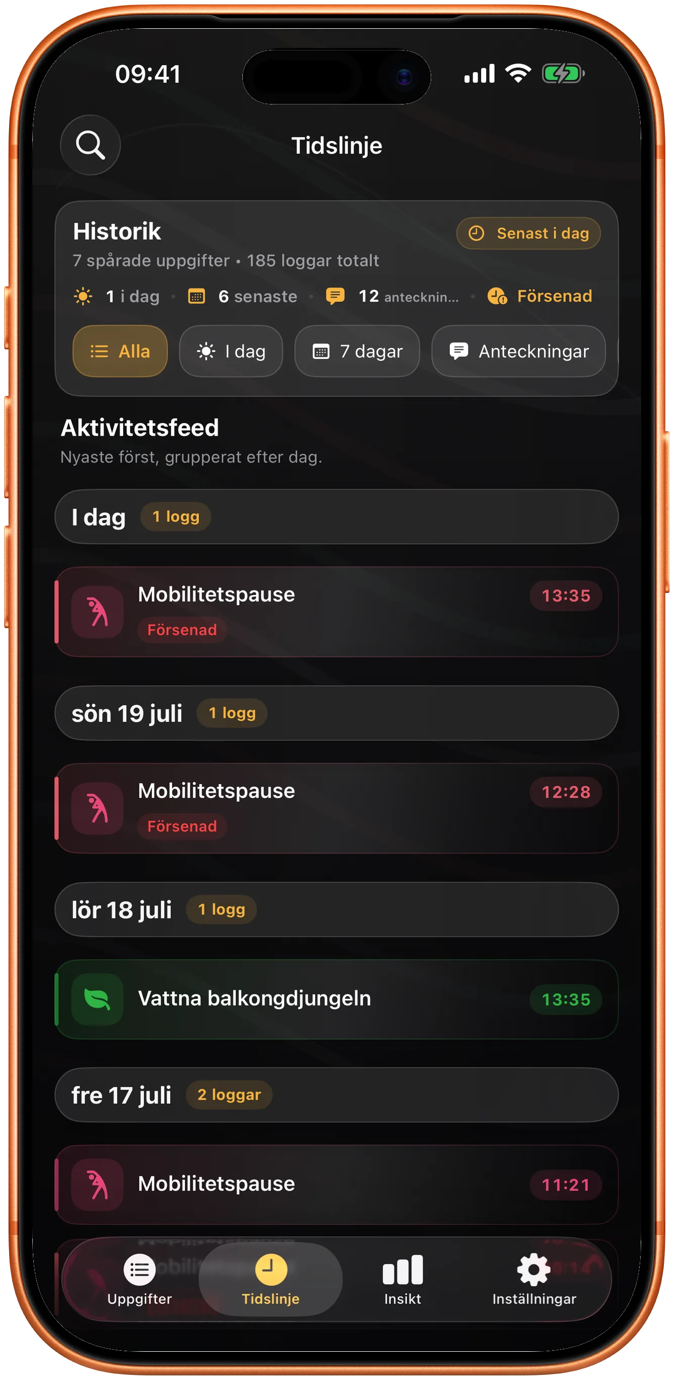 Takts tidslinje med sökbar historik över tidigare loggningar