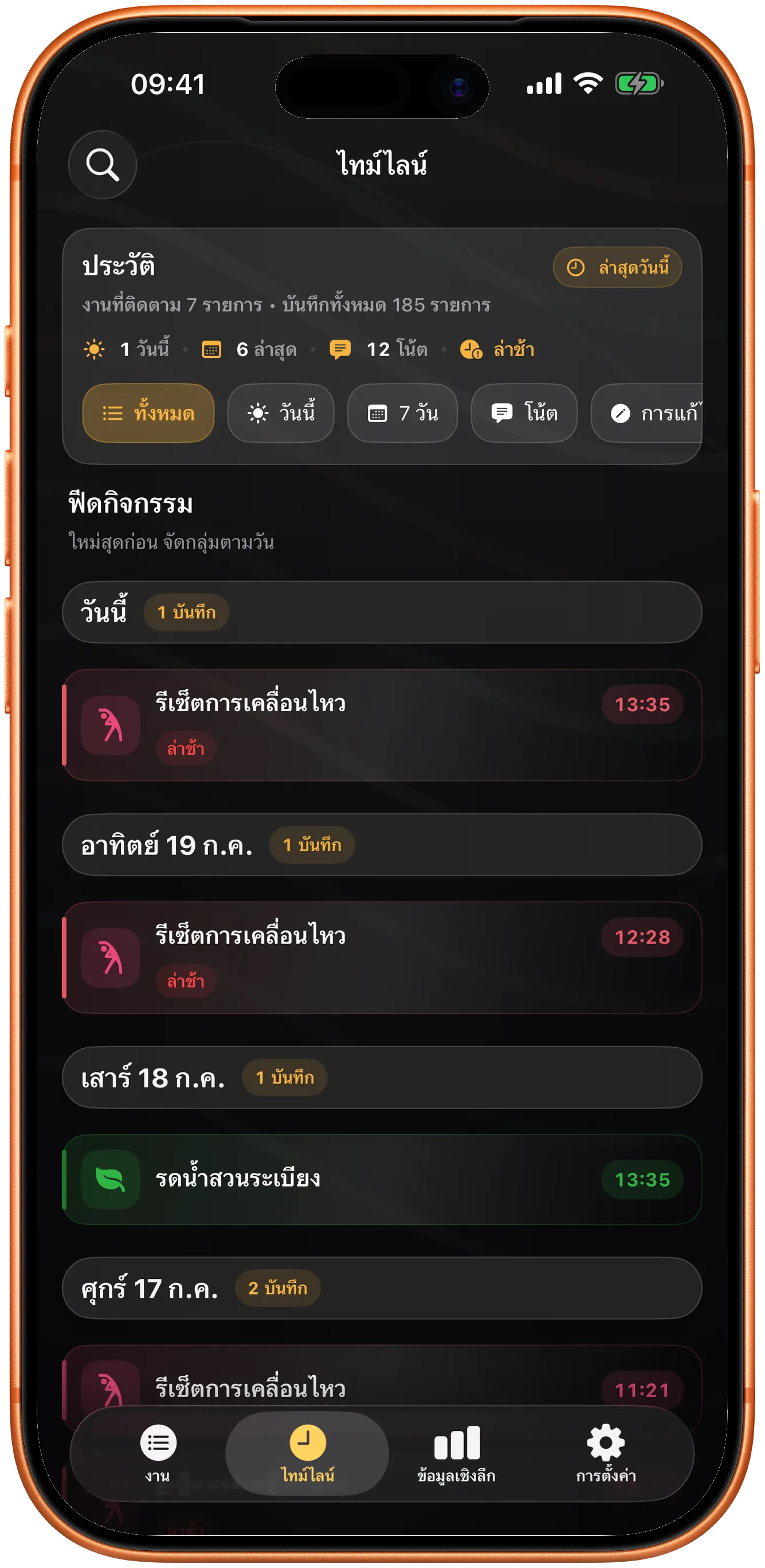 ไทม์ไลน์ของ Takt พร้อมประวัติการบันทึกก่อนหน้าที่ค้นหาได้
