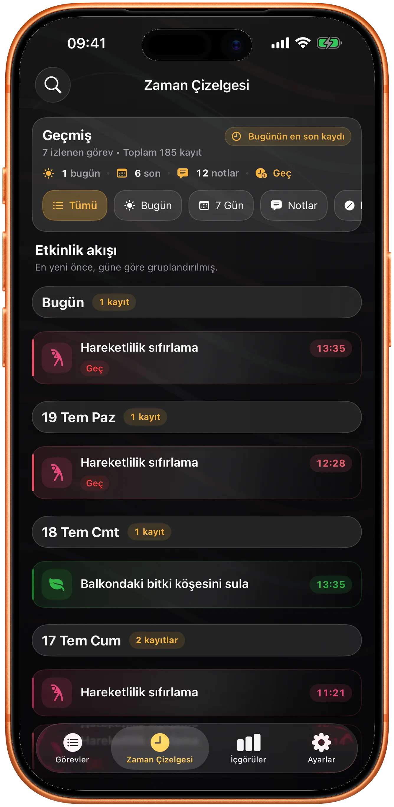 Önceki kayıtların aranabilir geçmişiyle Takt zaman çizelgesi