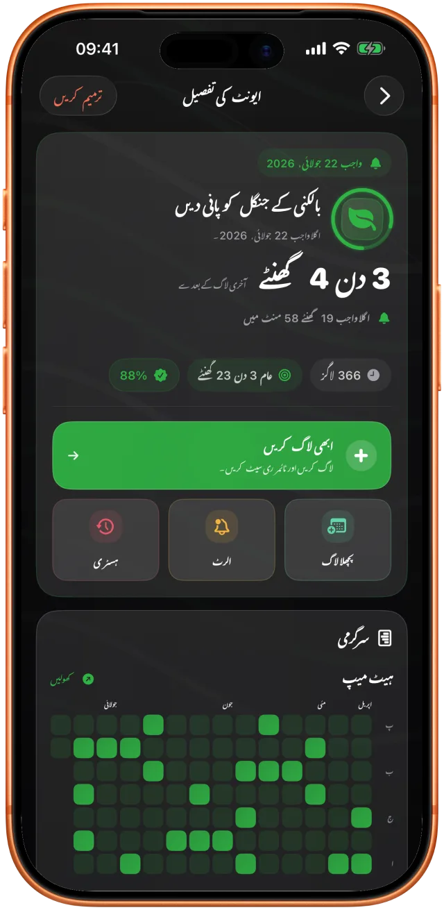 ‏Takt بالکونی کے پودوں کو آخری بار پانی دیے ۳ دن ۹ گھنٹے دکھا رہا ہے، اگلی تاریخ کے ساتھ