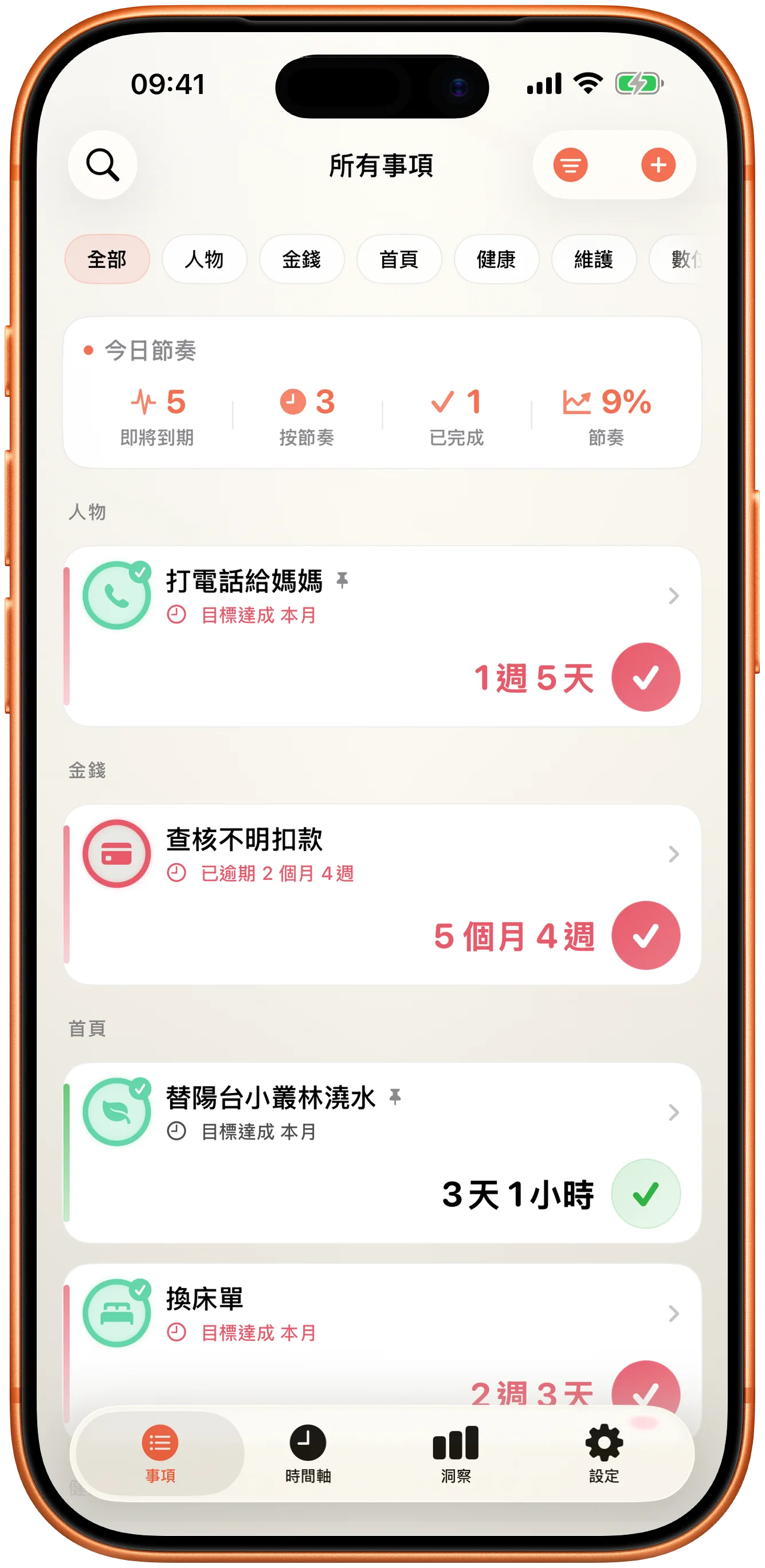 Takt 的項目清單，每一項都顯示距離上次的時間