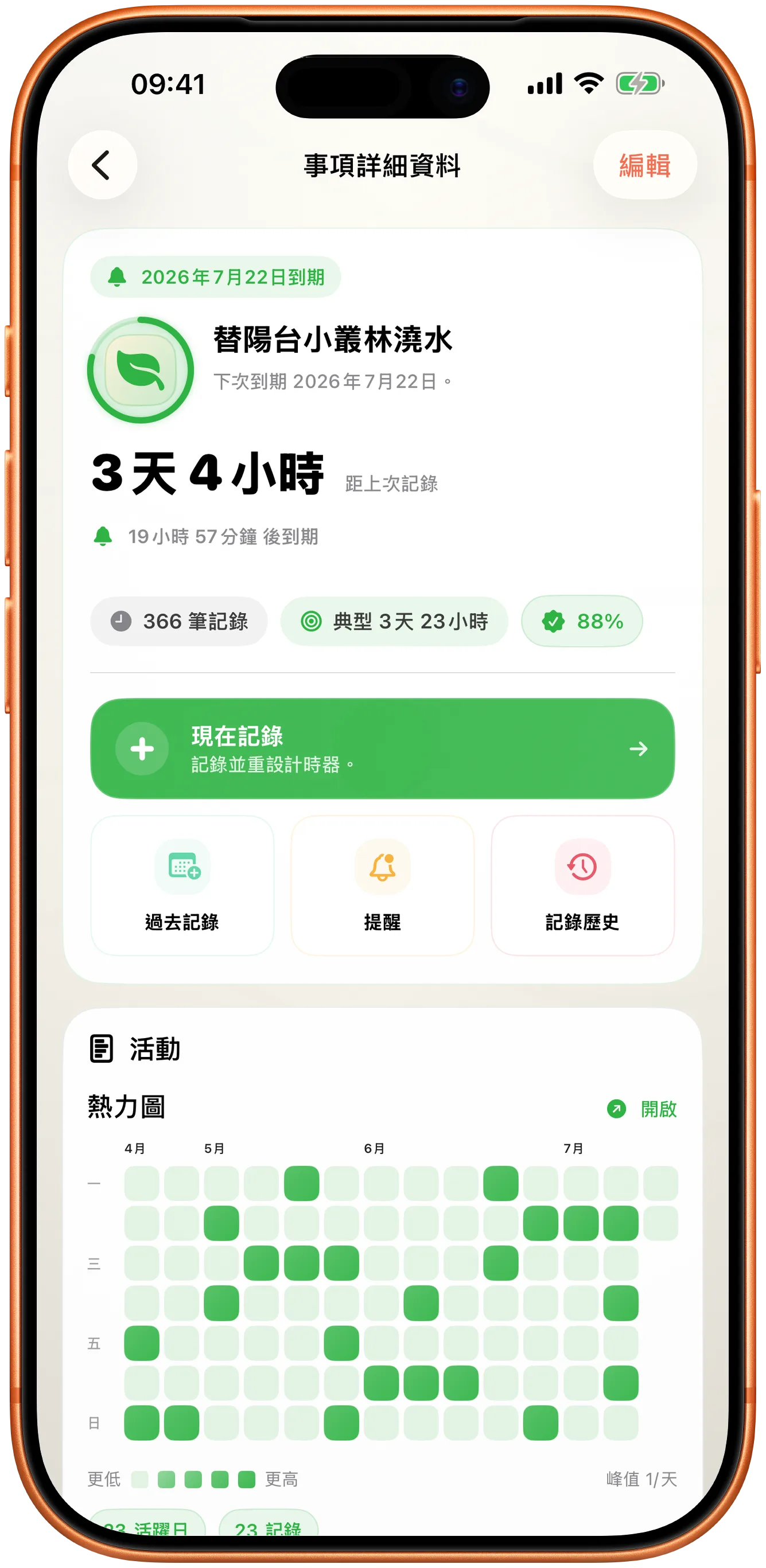 Takt 中只有一個「立即記錄」按鈕的項目詳細資料