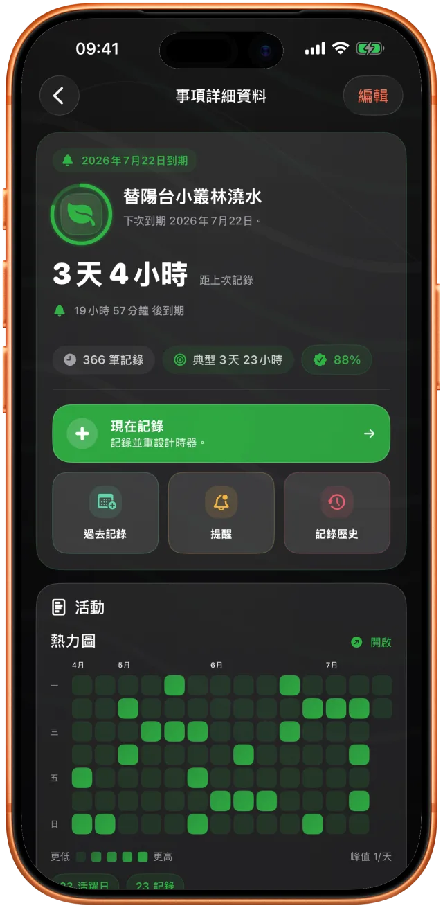 Takt 顯示陽台植物上次澆水已過 3 天 9 小時，以及下一次的日期